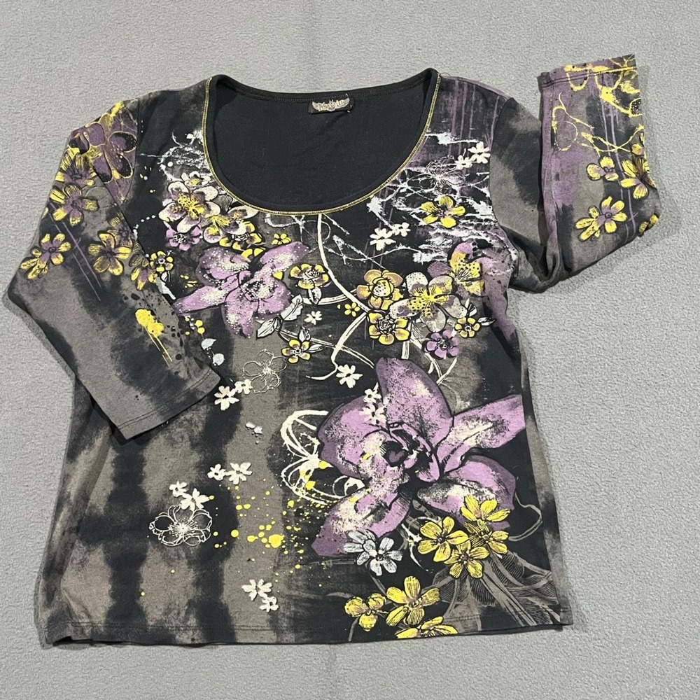 90s Vanilla Sugar Womens 3/4 Sleeve T Shirt Purple Black Floral Tie Dye Top L